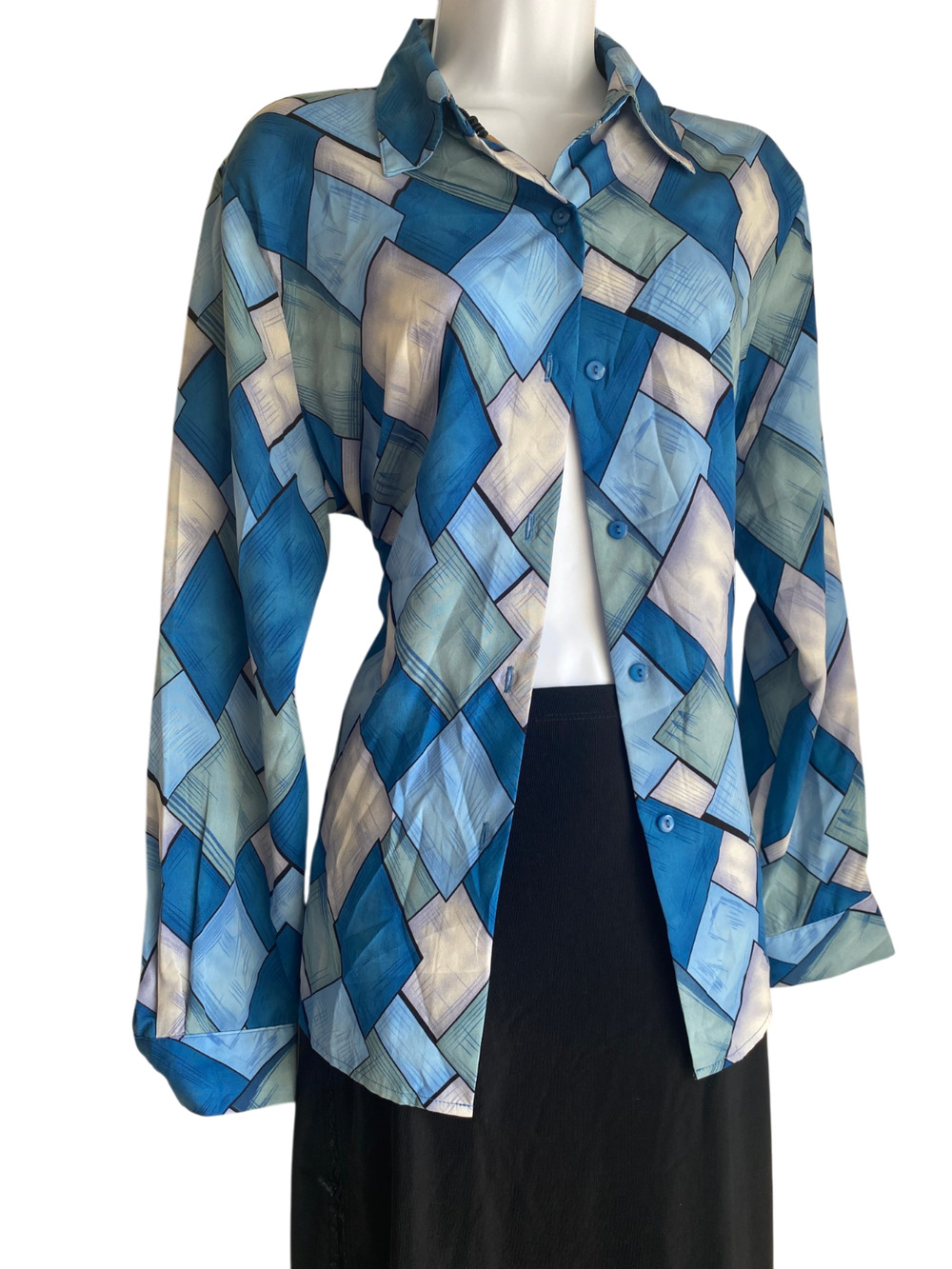 VTG Joanna Plus 1X Boho Artsy Blue Gingham Button Up Blouse Academia Retro Top